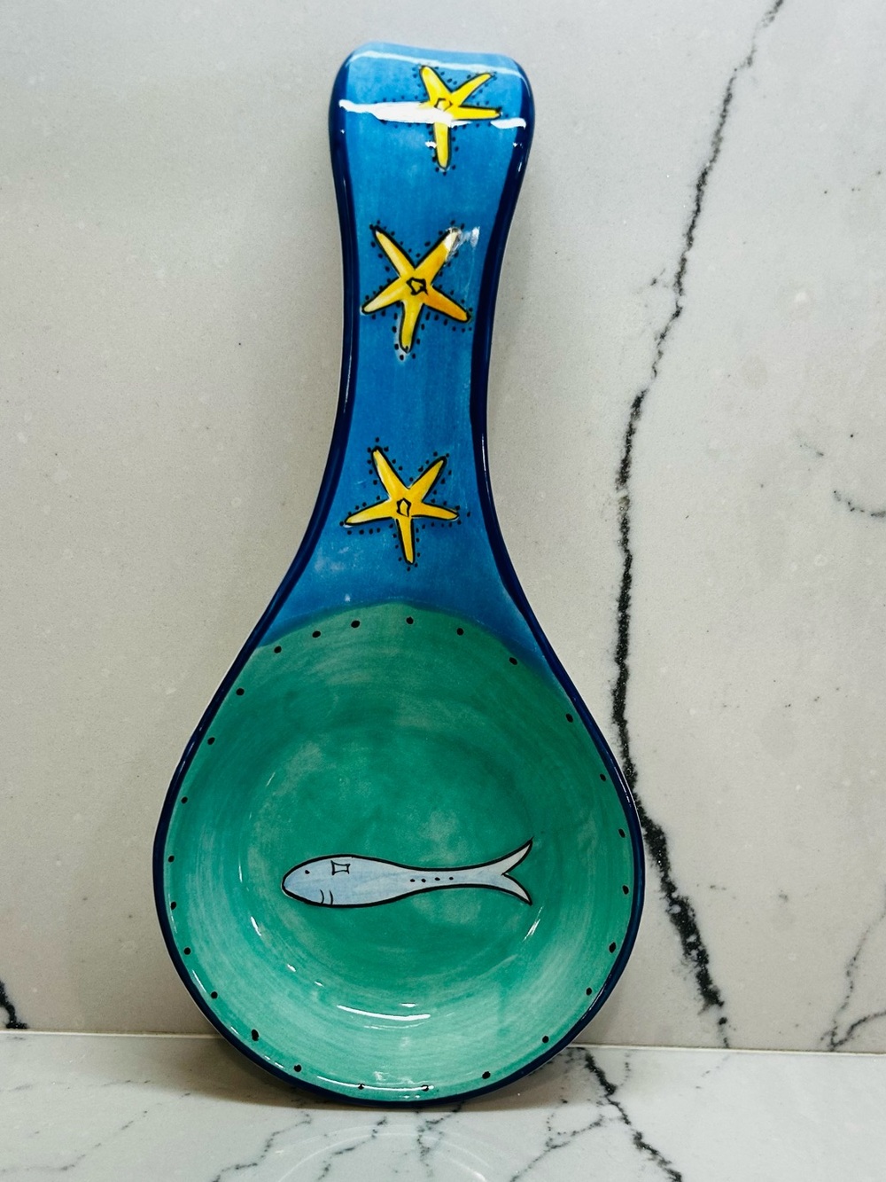 Blue & Teal Ceramic Spoon Rest with Starfish and Fish Design